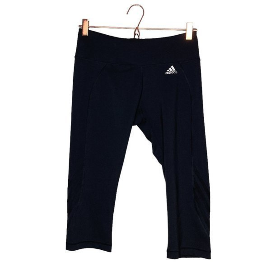 Adidas Large L Black 3 Stripes Cropped Capri Yoga Running Climalite Leggings